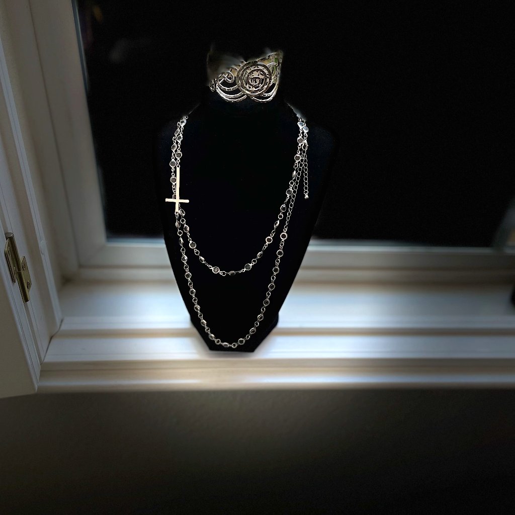 2 Items Vintage Rosary Necklace And Hinge Bracelet Silver Tone Retro Design